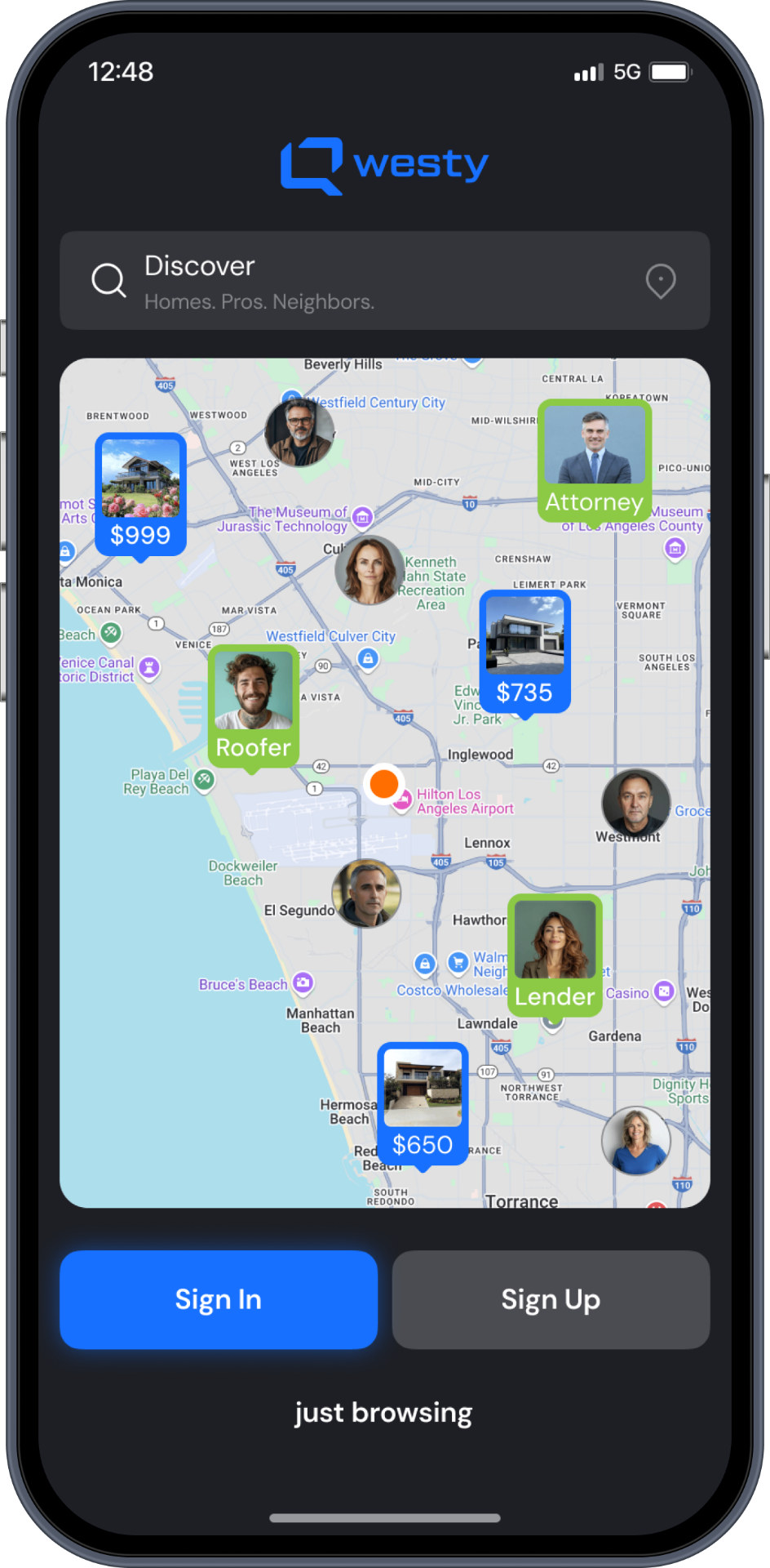 Qwesty app Discover screen showing homes, pros, and neighbors on a map