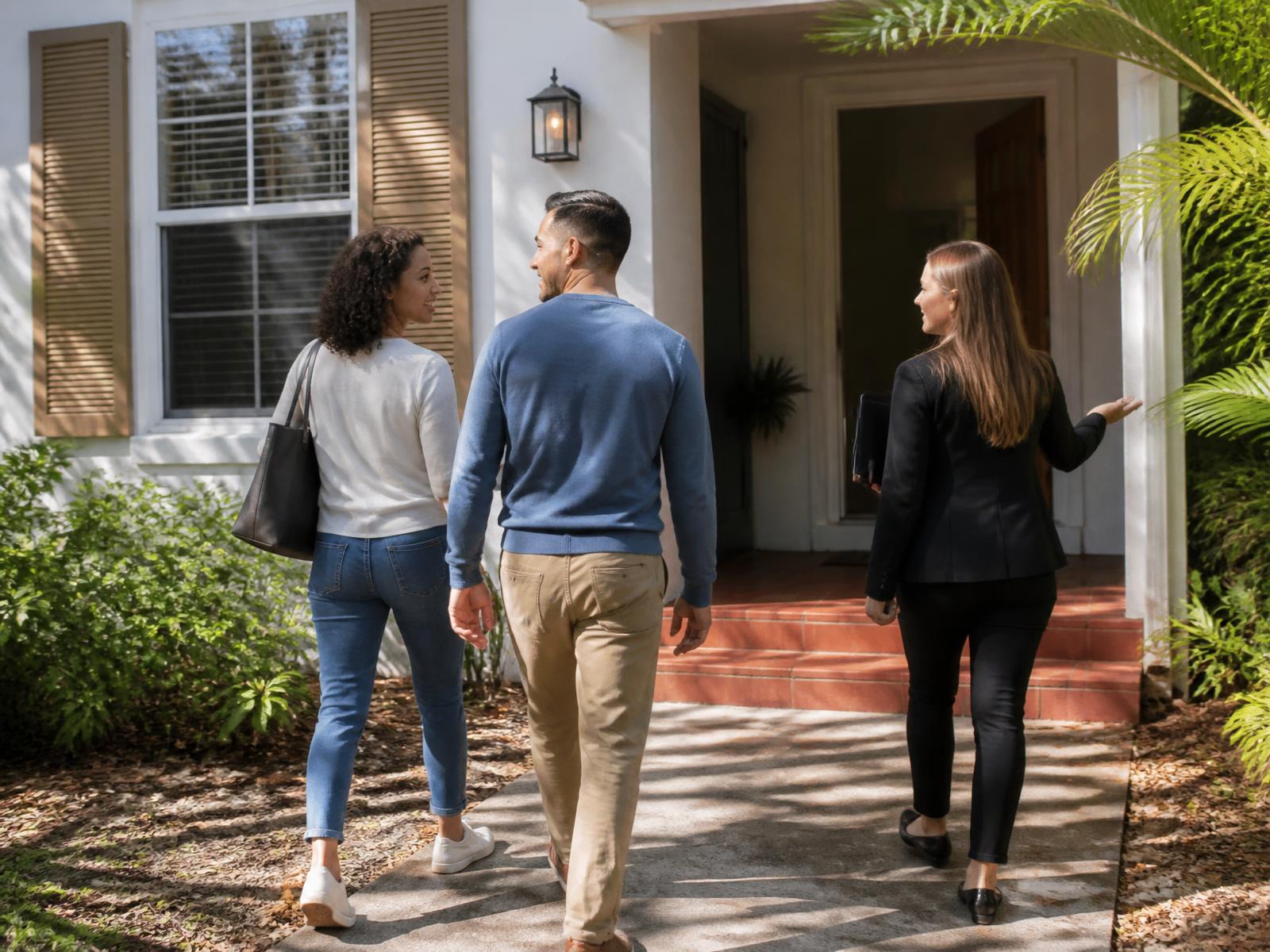 Buyers approaching a home with their agent